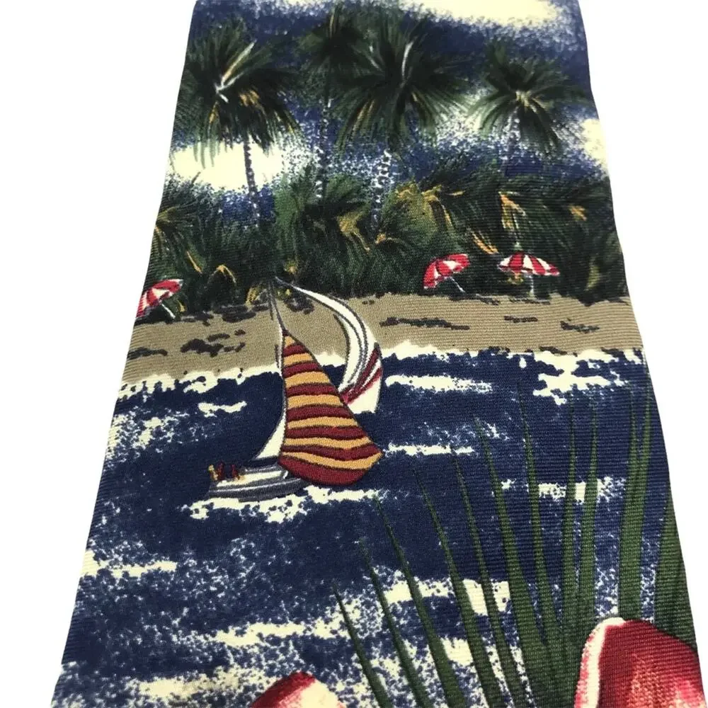 Oscar de la Renta Neckwear Silk Tie-Beach Scene, Plumeria, Boats, Palms